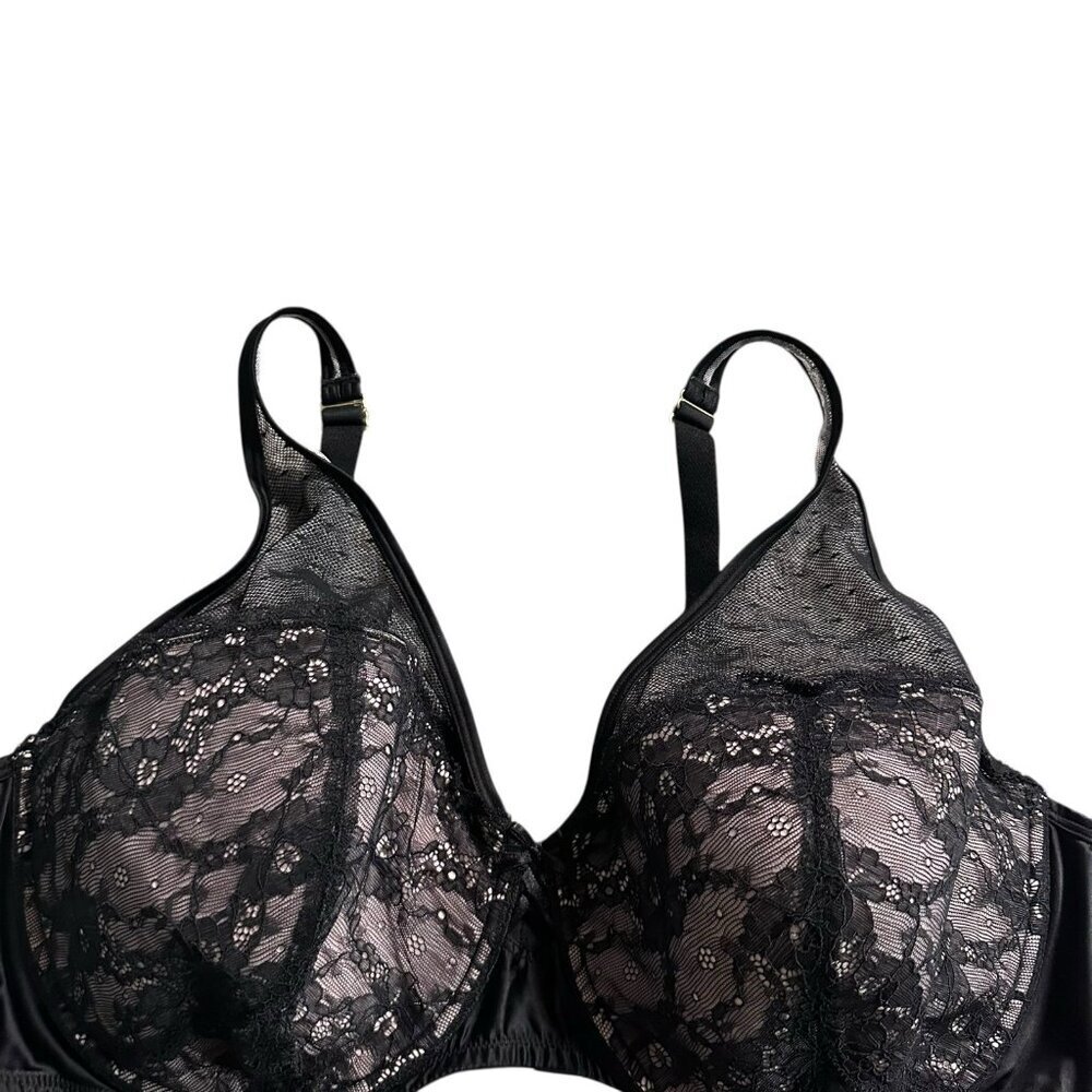 Cacique Womens Bra 46DD Black Pink Lace Balconette Underwire Full Coverage
